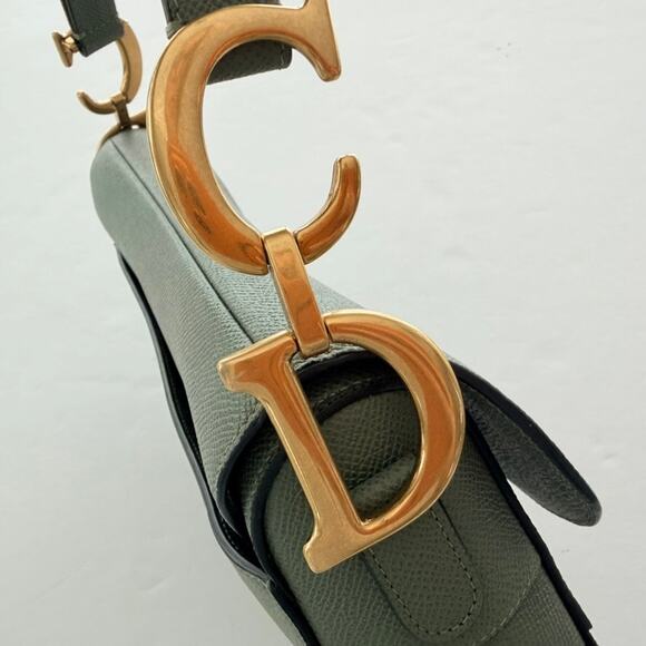 Christian Dior Saddle Bag Sage Green Crossbody Purse Pebble Leather Double Strap - Picture 10 of 15